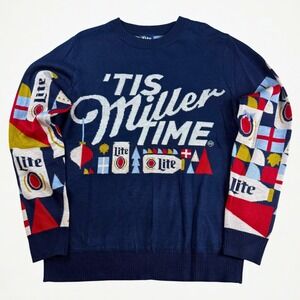 Miller Lite Ugly‎ Christmas Sweater Mens XL Navy Blue Tis Miller Time Holiday